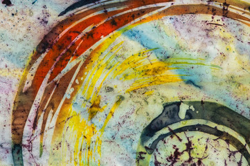 Obraz na płótnie Canvas Rainbow, fragment, hot batik, background texture, handmade on silk, abstract surrealism art