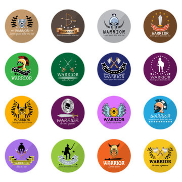 Warriors Icons Set-Isolated On Circle Background-Vector Illustration, Graphic Design.For Web, Websites, Print, Presentation And Promotional Materials.Collection Of Sparta,Greek,Military,Weapon Symbols