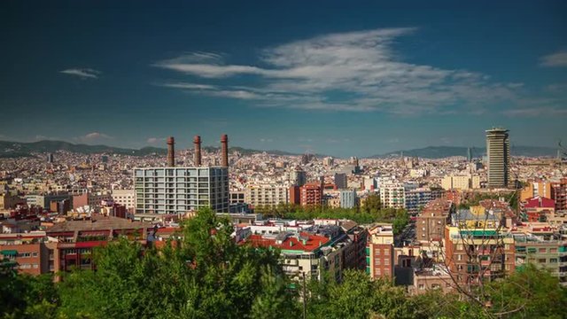 summer day barcelona city montjuic mountain panorama 4k time lapse spain
