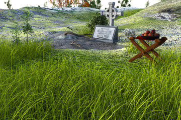 cemetery with one tombstone and a cross in an open area. Surrounded by trees, plants, green grass