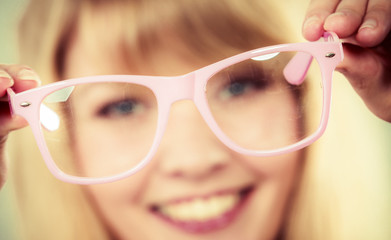 Happy young woman girl with glasses.