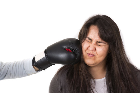 Fat Woman Getting Hit In The Face By Boxing Glove. White Background.