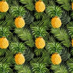 Tropical Palm Leaves and Pineapples Background - Seamless Pattern
