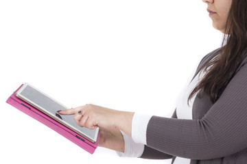 large woman using tablet on white background