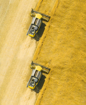 Aerial view of combine harvester on wheat field. Industrial background on agricultural theme. Use drones to inspect of your business.