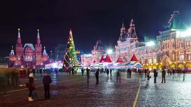 night illumination moscow red square ice rink panorama 4k time lapse russia
