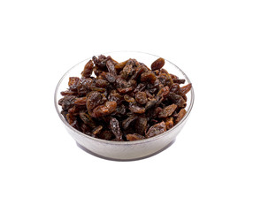 the transparent bowl filled with raisin, isolate