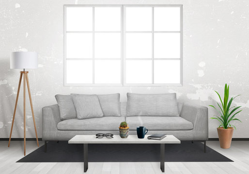 Isolated window in living room interior. Sofa, lamp, plant, glasses, book, coffee on table in living room interior. 