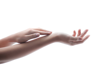 Cheerful young woman with pretty smooth hands
