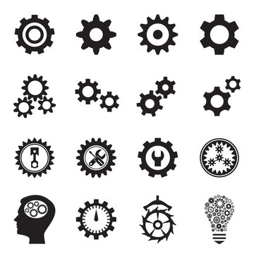 Cogwheel (gear) icons. Collection of symbols - the setting for web sites and applications, repair and maintenance, transmission, etc. Vector illustration