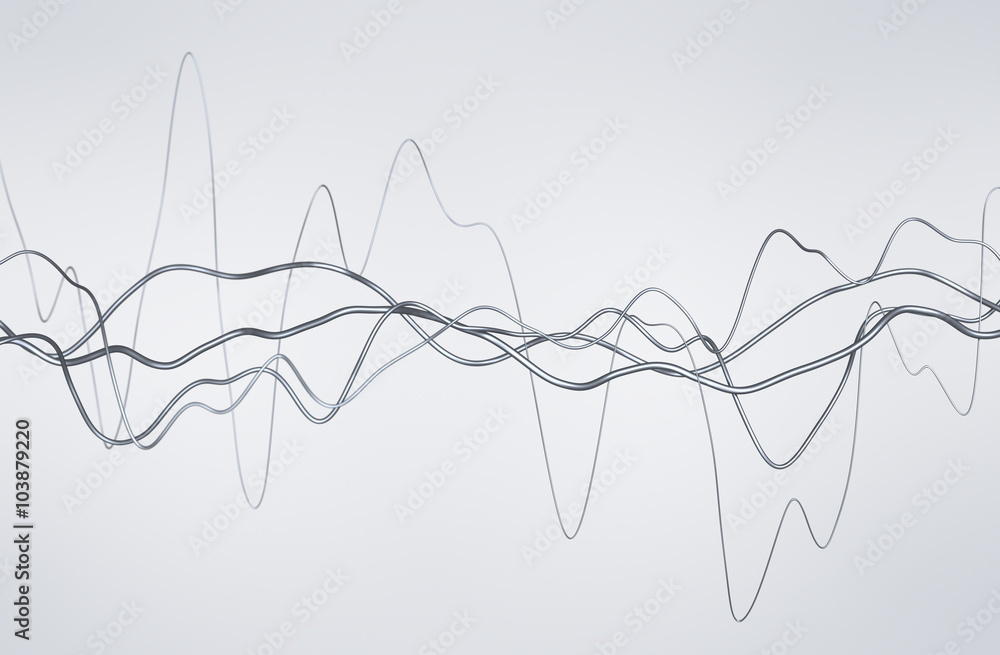 Poster abstract 3d rendering of glossy wavy lines. light coloured background with surreal waves in empty sp