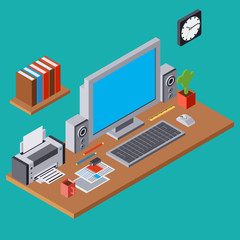 Computer workplace flat 3d isometric vector illustration