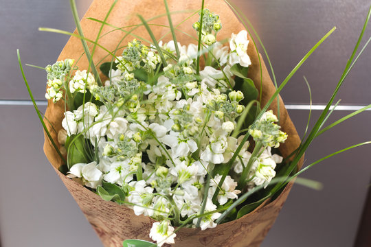 Bouquet of white matiolas and bergrass in paper wrapping