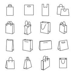 Shopping Bag Icons. Collection of Black Line Icons Isolated on a White Background. A Vector Illustration