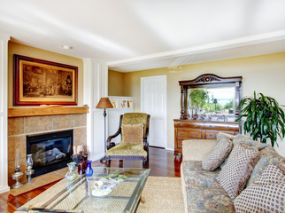 Living room with antique lounge chair and grey sofa,  hardwood f