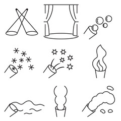 Linear icon set related to the stage special effects, such as light, generators of smoke, fog, foam, snow, flame, bubbles, confetti. Vector illustration