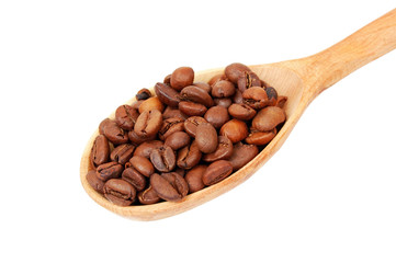 Coffee beans in wooden spoon