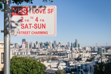 I love San Francisco road sign in Potrero Hill with  cityscape on background