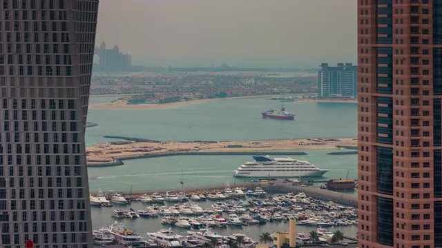 dubai marina palm bay private yacht dock roof top panorama 4k time lapse uae
