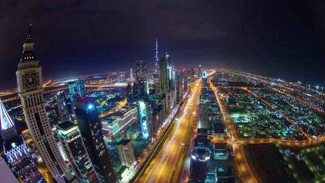 night light dubai city main traffic road roof top panorama 4k time lapse uae
