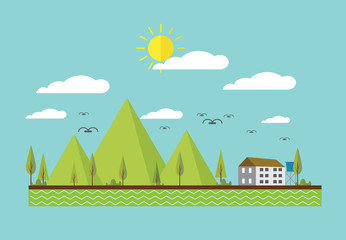 Flat design nature landscape illustration with sun 