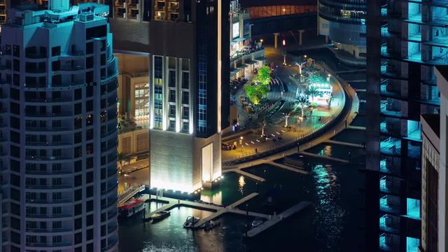 night light dubai marina walking bay yacht dock 4k time lapse uae
