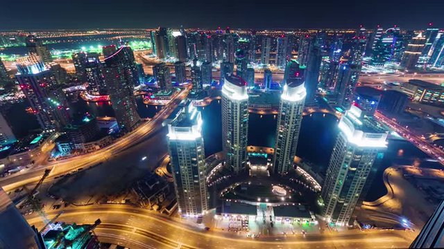 night illumination dubai marina traffic streets roof panorama 4k time lapse uae
