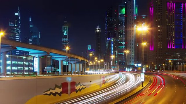 night illumination dubai city traffic road construction high view 4k time lapse uae
