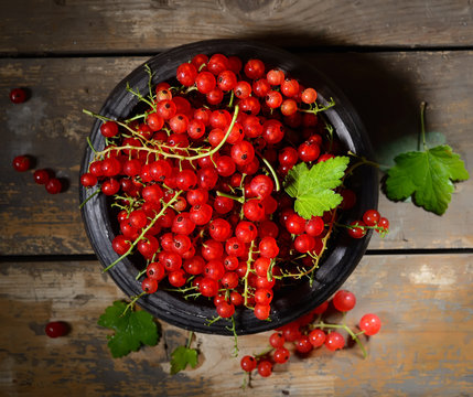 Red currant in ceramic bowl on wooden background