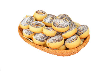 Homemade cookie roll with poppy in a wattled basket