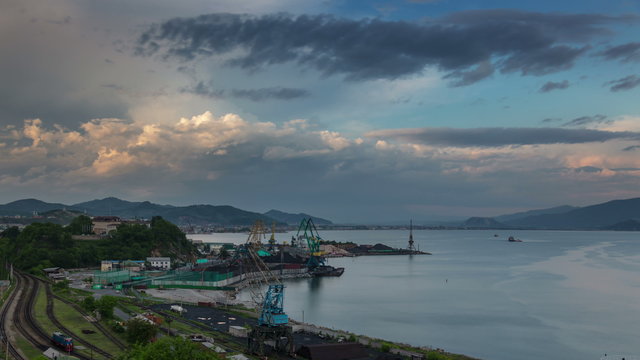 sunset sky vladivostok industrial port mountain panorama 4k time lapse russia
