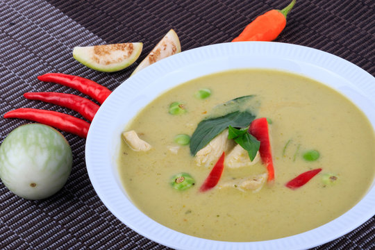 Thai traditional and popular food, Thai chicken green curry intense soup. (Kaeng Khiao Wan Kai) 