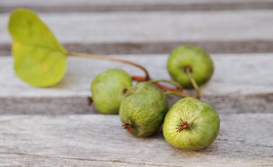 Branch of fresh baby kiwi berries on a wooden table
