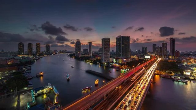 sunset till night bangkok river traffic bridge roof top panorama 4k time lapse thailand
