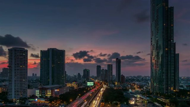 bangkok sunset roof top traffic street cityscape panorama 4k time lapse thailand
