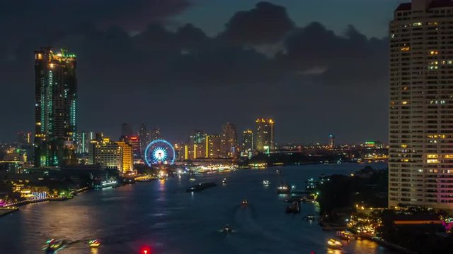 sunset twilight roof top chao phraya river traffic flyer panorama 4k time lapse thailand
