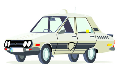 Caricatura Dacia 1310  taxi Bucarest - Rumania blanco vista frontal y lateral