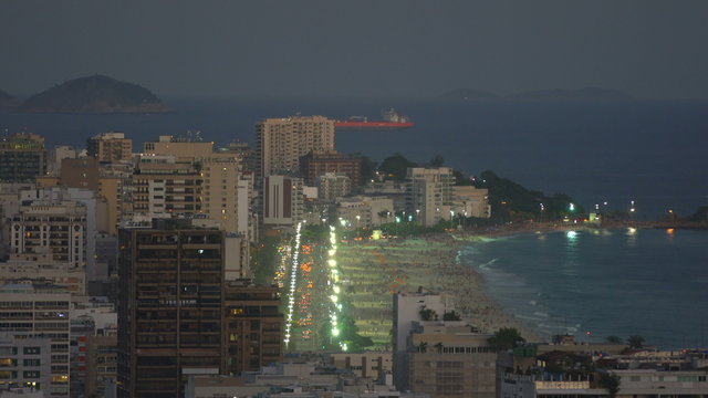 High angle establishing shot of Ipanema Beach at dusk in Rio de Janeiro,Brazil
