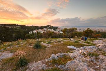 View of Thissio dominated by the National Observatory from Areopagus hill.