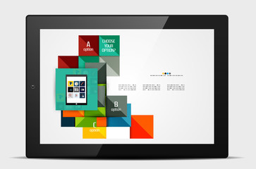Geometric square shapes and infographic option elements with tablet