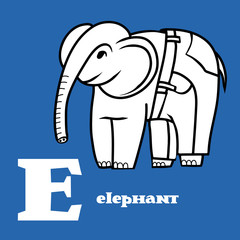 Letter E. Part of animal alphabet. Cartoon elephant wearing in jeans.