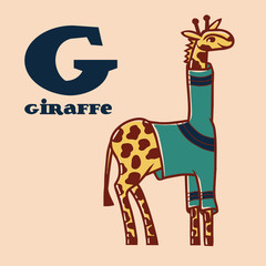 Cartoon giraffe in pullover with letter G. Part of animals alphabet.