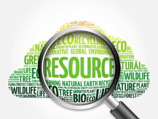 Resource word cloud with magnifying glass, ecology concept