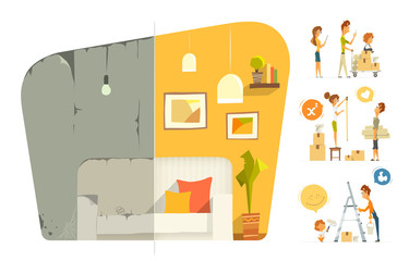 Happy family home house flat apartment room repair. Before and a
