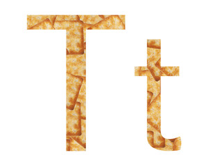 Perspective unique letter "T" capital letter and lowercase. Alphabet T from Biscuits texture.