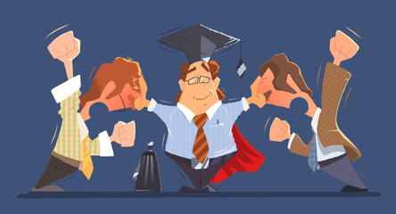 Obraz premium Man lawyer between two shouting and fighting dispute conflict people businessmans or boss and employee. Color vector character illustration.