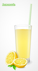 A glass of lemonade with straw and half a lemon with leaf. Vector illustration.
