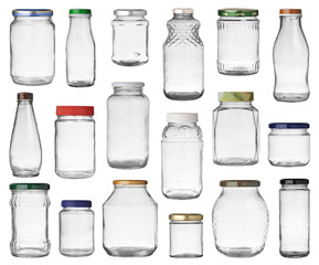 Set of empty jars with caps isolated on white background