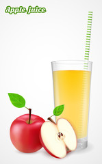 Apple and glass of fresh apple juice on white background.