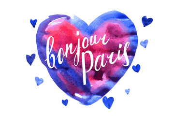 Bonjour Paris card with watercolor hearts © ilona_pitkin